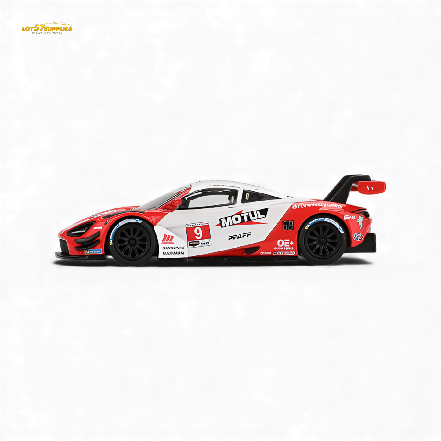 Mini GT McLaren 720S GT3 Evo Pfaff diecast model in 1:64 scale, detailed silver and blue race car with sponsor decals.