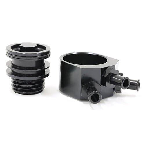 BLOX Racing air oil separator AOS unit for Subaru WRX 02-07 and STI 04-21, showing the metal canister and hoses.