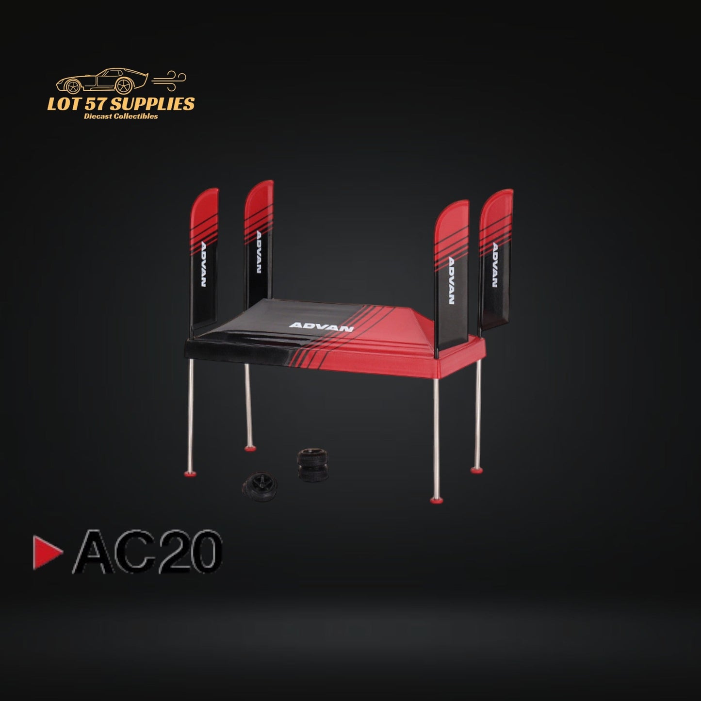 Mini-GT Paddock Service Tent accessory for 1:64 scale diecast cars, featuring a detailed miniature paddock tent in vibrant colors.