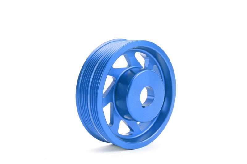 JDMuscle Perrin blue lightweight crank pulley for Subaru WRX, STI, Legacy, and Forester models, showcasing the polished metal and blue finish.