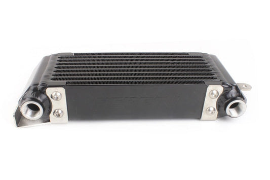 JDMuscle Perrin 02-14 WRX and 04-21 STI oil cooler kit with fluid cooler, silver metal hoses and fittings, installed in engine bay