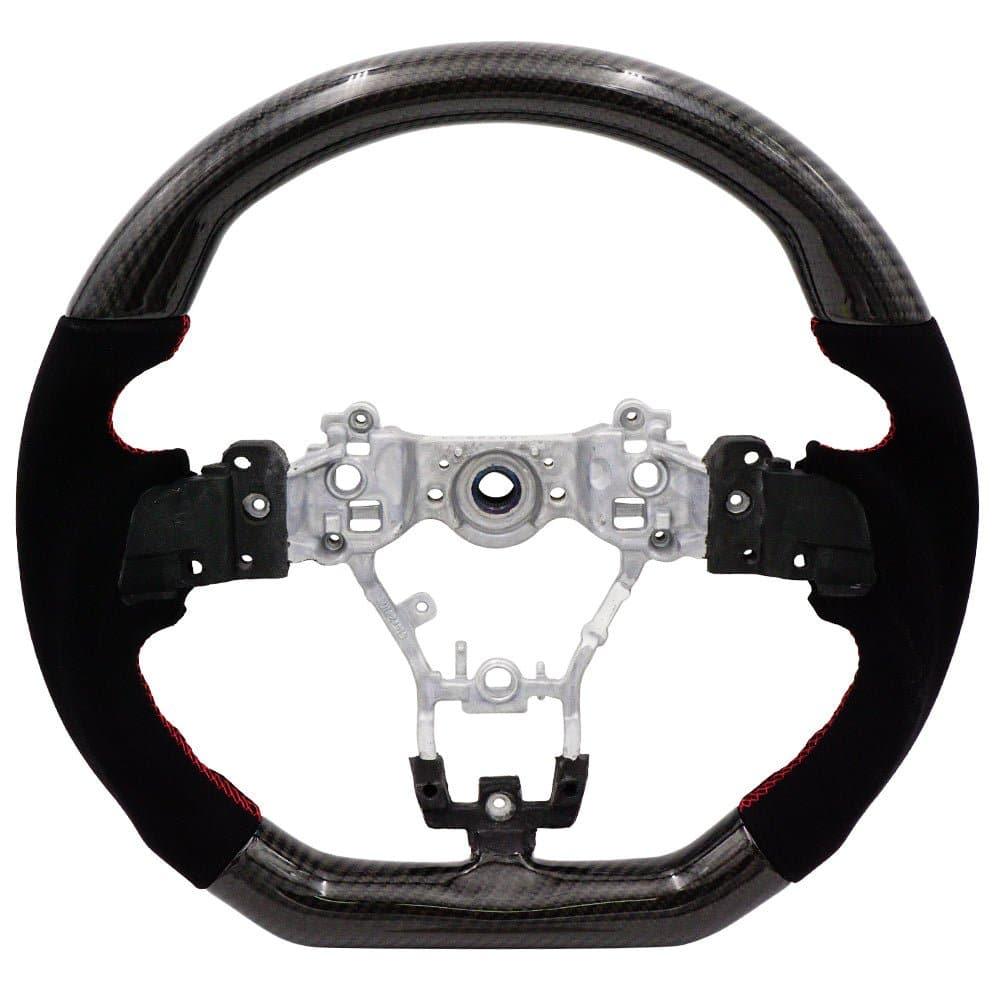 BLOX Racing carbon and Alcantara steering wheel with red stitching for Subaru 2015-2021 WRX and STI interior.