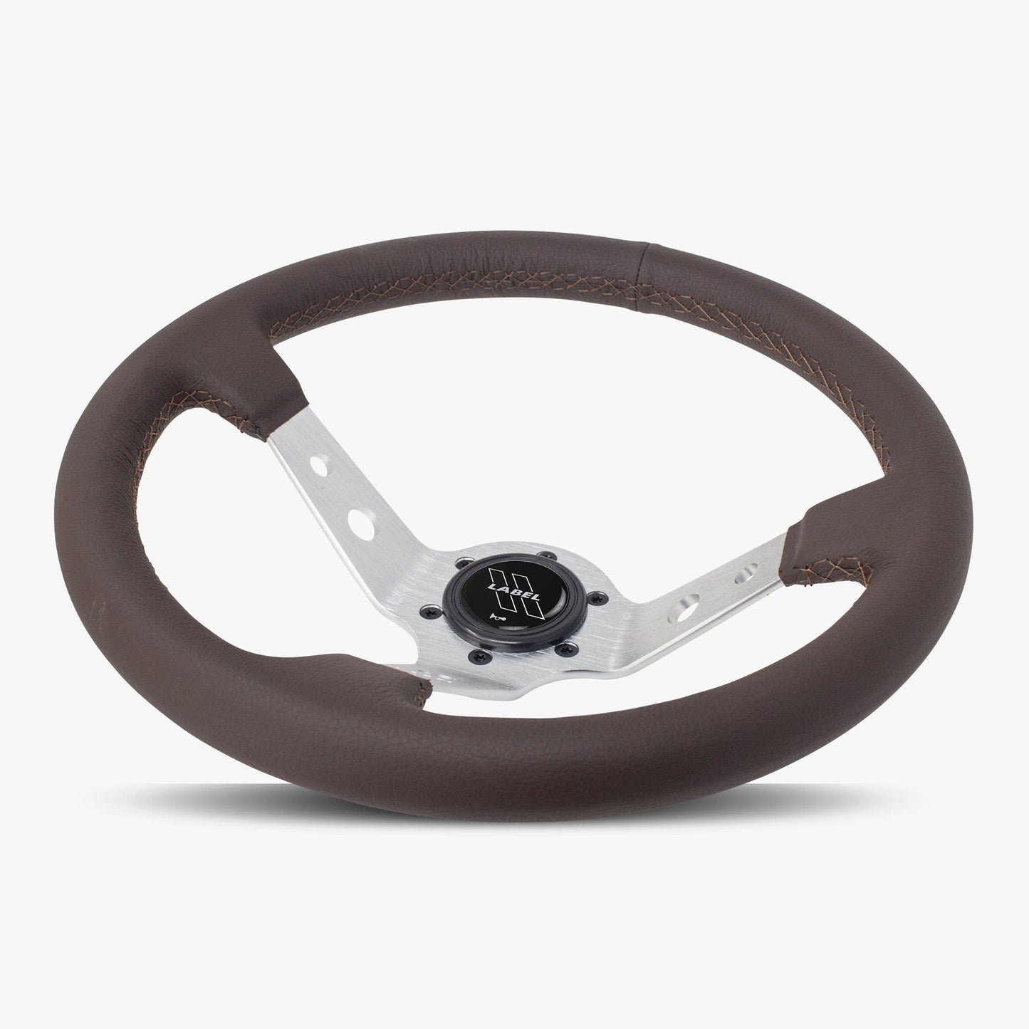 Nappa brown leather Daytona steering wheel with silver spoke and brown stitching, designed for performance vehicles.