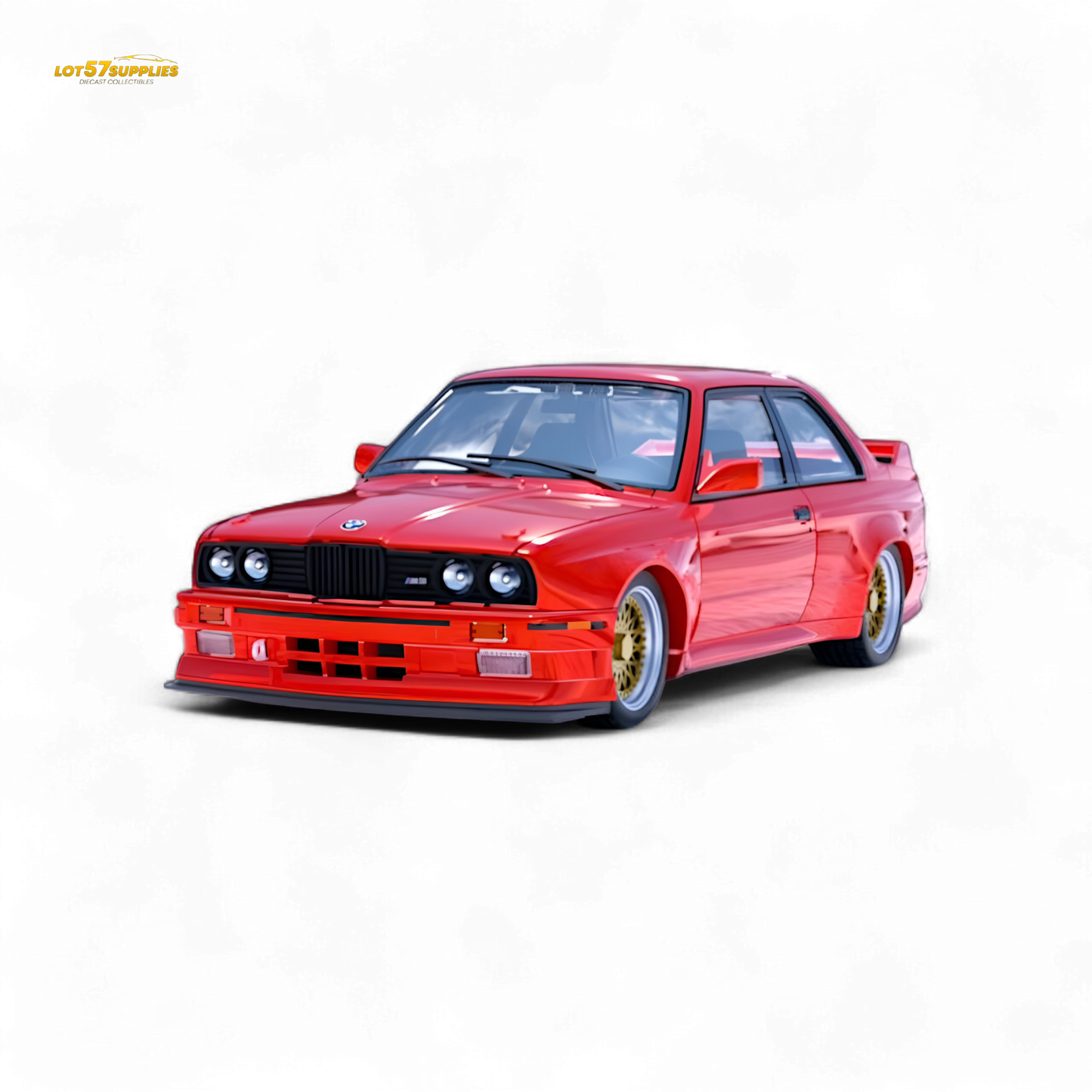 Red BMW M3 E30 diecast model in 1:64 scale by Lot57Supplies Diecast Shop, detailed miniature car with realistic features.