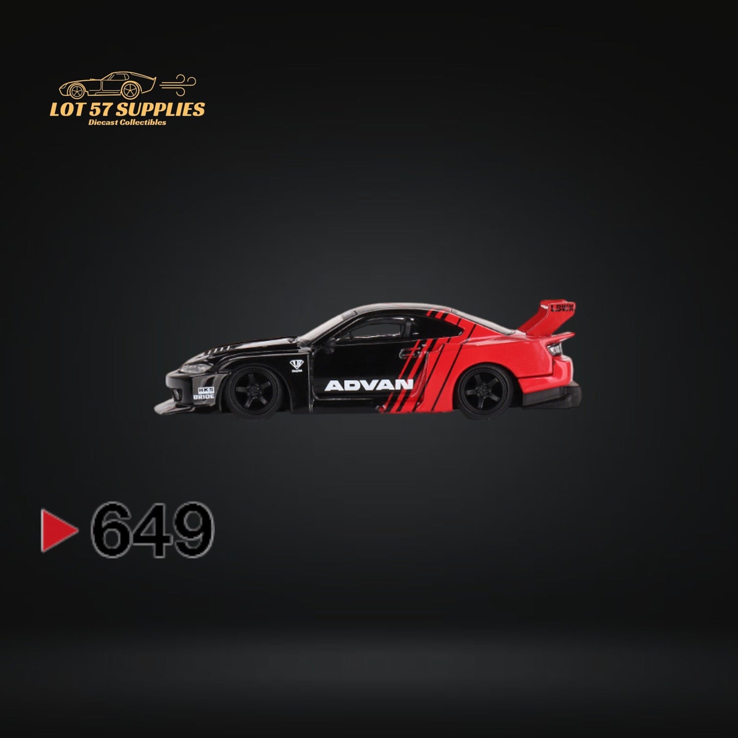 Mini-GT Nissan Silvia S15 LB Super Silhouette diecast model in Advan livery, detailed 1:64 scale Nissan car by Lot57Supplies Diecast Shop.