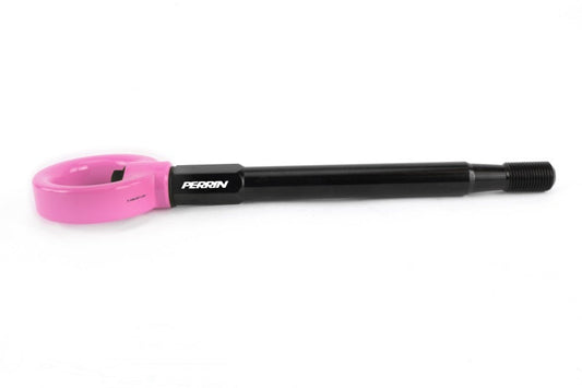 JDMuscle Perrin Hyper Pink front tow hook kit on a 2008-2014 Subaru WRX STI, showing the vibrant pink tow hook attached to the vehicle.