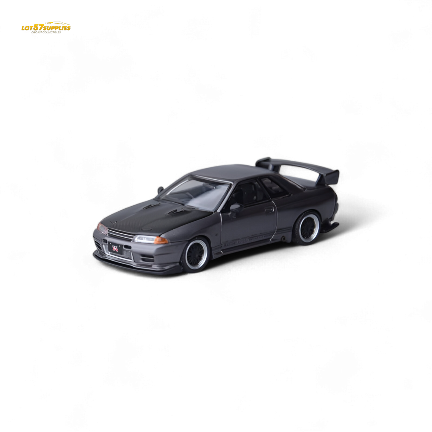 Grey Nissan Focal Horizon Skyline GT-R R32 diecast model with Top Secret modifications, 1:64 scale, detailed miniature collectible.