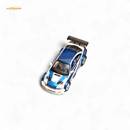 White and blue BMW E46 M3 GTR diecast car with NFS livery, detailed 1:64 scale model from Lot57Supplies Diecast Shop.