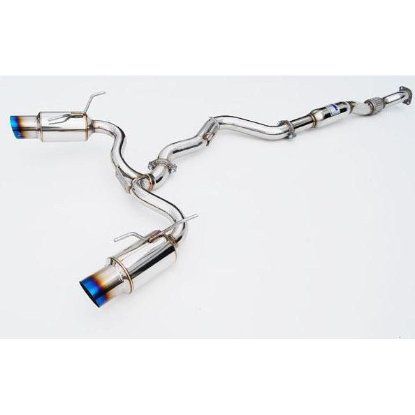 Invidia N1 Dual Titanium Cat Back Exhaust system installed on 2008-2014 Subaru STI and 2011-2014 WRX Hatchback, showing dual titanium tips.
