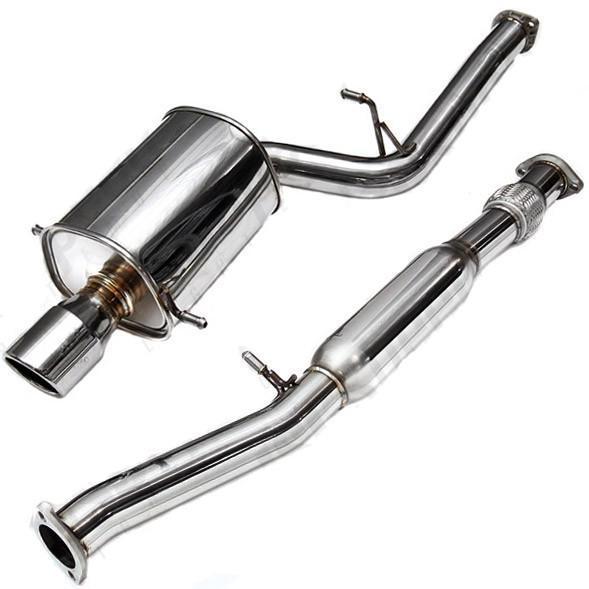 Invidia Q300 cat back exhaust system for 2002-2007 Subaru WRX STI, featuring polished stainless steel pipes and exhaust tips.