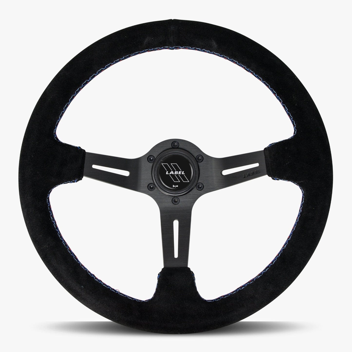 Black Alcantara suede steering wheel with black spoke and Bavarian stitch by Speedzone Performance LLC, The Le Mans model.