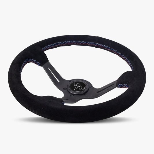 Black Alcantara suede steering wheel with black spoke and Bavarian stitch by Speedzone Performance LLC, featuring a sleek design.