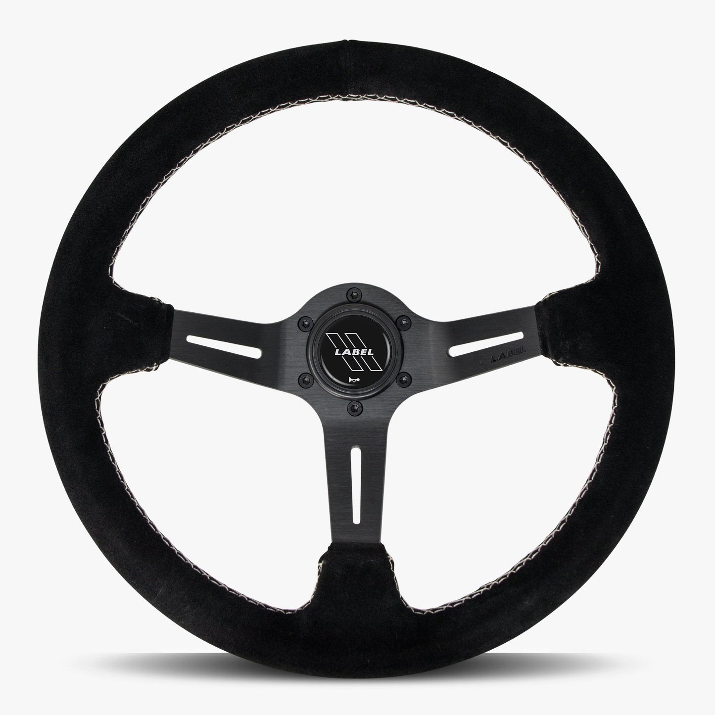 Black Alcantara suede steering wheel with black spoke and white stitching by Speedzone Performance LLC, The Le Mans model.