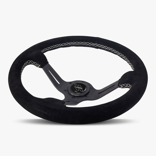 Black Alcantara suede steering wheel with black spoke and white stitching by Speedzone Performance LLC, designed for performance cars.