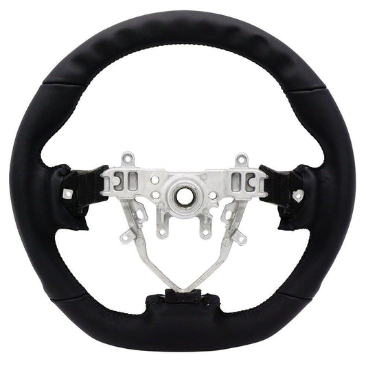 BLOX Racing leather steering wheel for 2008-2014 Subaru WRX and STI interior, featuring textured black leather and sporty design