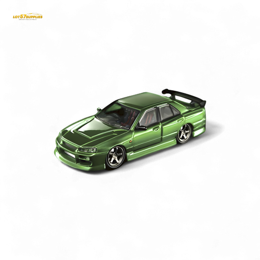 Nissan Mortal ER34 Skyline Uras diecast model in transparent metallic green, 1:64 scale, detailed miniature collectible.