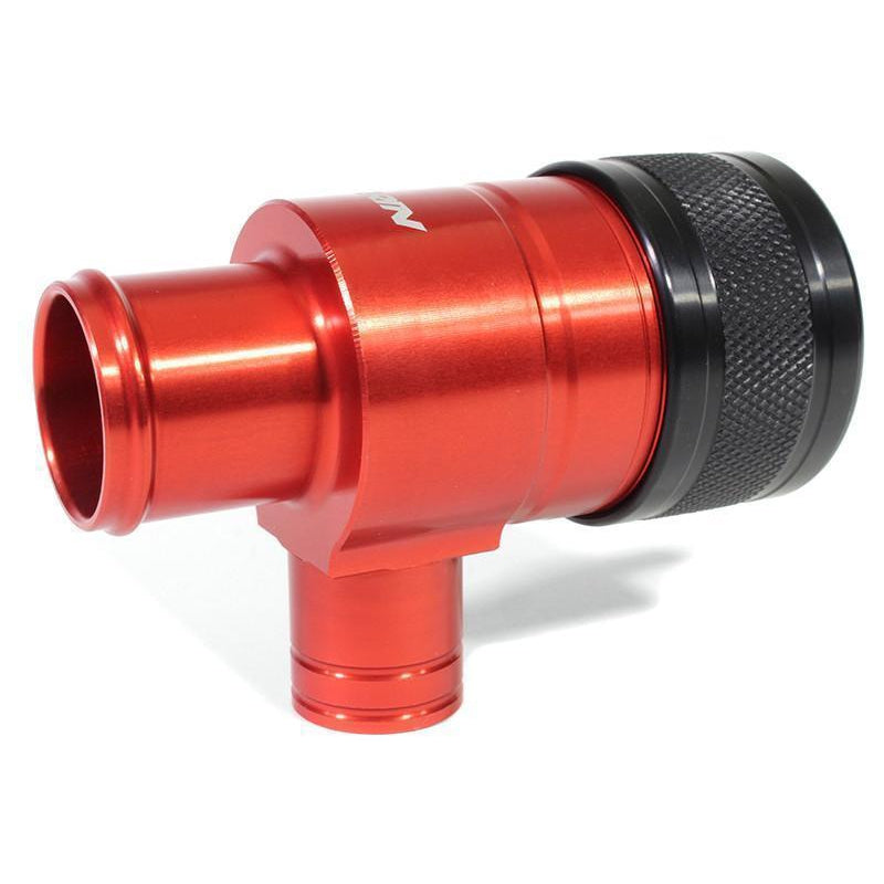 Red PERRIN Recirculation Blow Off Valve for 2015-2021 Subaru WRX, featuring a compact design and high-performance build.