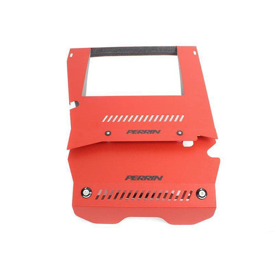 Red Perrin engine cover kit for Subaru WRX 2015-2020, featuring stylish performance engine covers with sleek design.