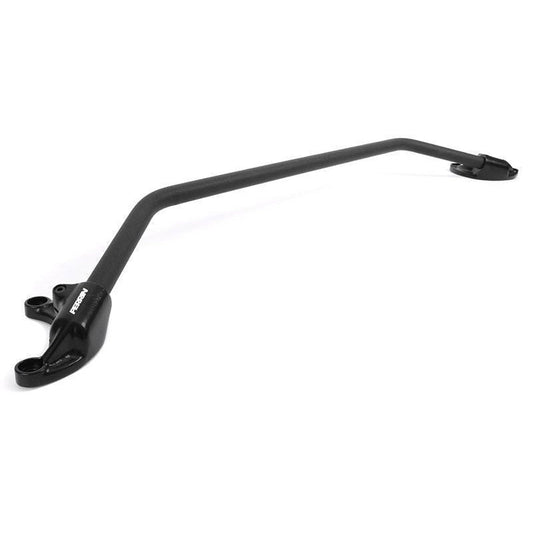 Black Perrin front strut tower brace for Subaru WRX, STI, Crosstrek, Legacy GT, and Forester XT models, enhancing chassis stability.