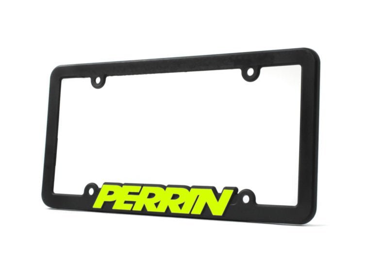 Black Perrin license plate frame with neon yellow lettering, universal fit, designed for JDMuscle vehicle customization.