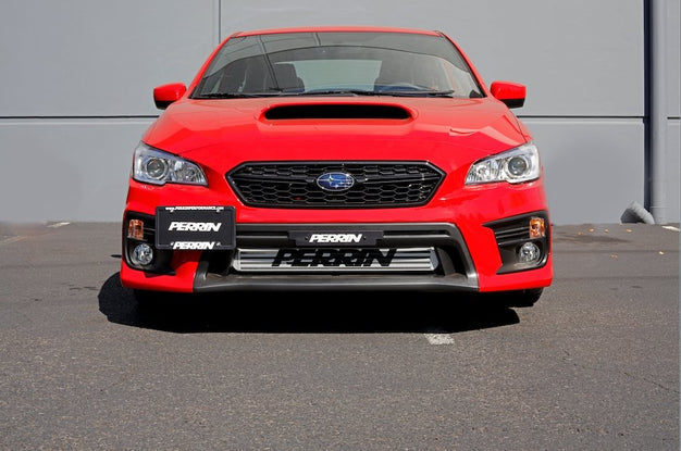 Perrin license plate holder for 2018-2021 WRX/STI with FMIC, black metal design, and mounting brackets.