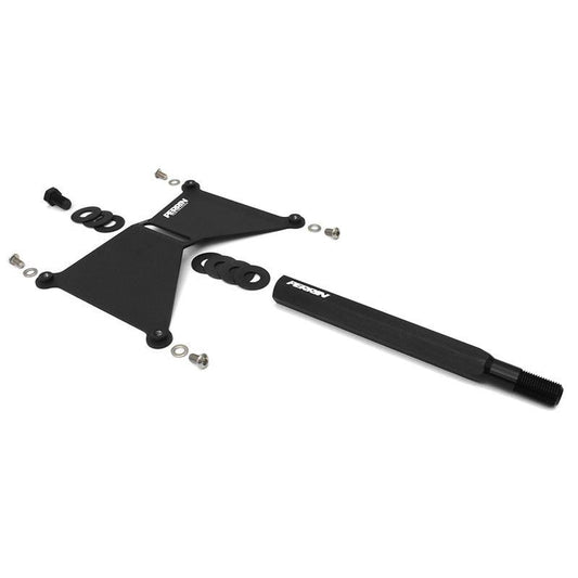 Perrin license plate holder for Subaru WRX/STI 2008-2014, black metal bracket mounted on a vehicle with a license plate.