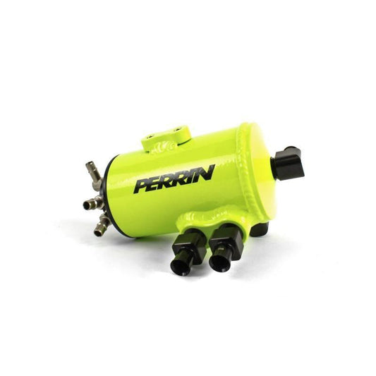 PERRIN neon yellow air oil separator for Subaru WRX 2002-2014, STI 2004-2020, with FMIC, JDMuscle brand, mounted on engine.