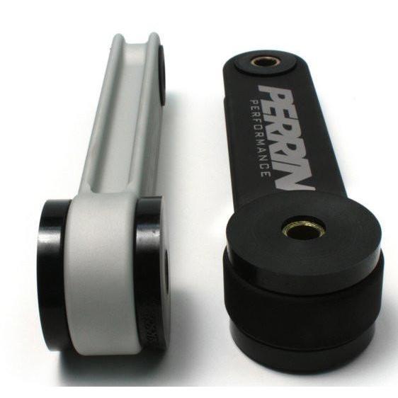 Perrin black and silver pitch stop mount for Subaru WRX, STI, LGT, and FXT engine mounts, JDMuscle performance car part.