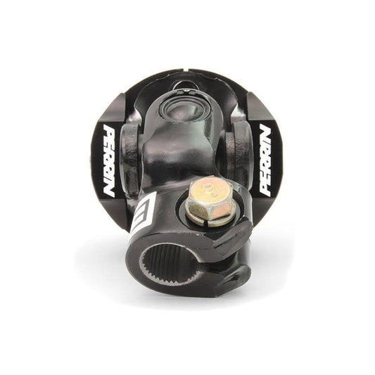 PERRIN Steering Dampener Lockdown Kit and Subaru WRX steering rack bushings installed on a vehicle, enhancing steering stability.