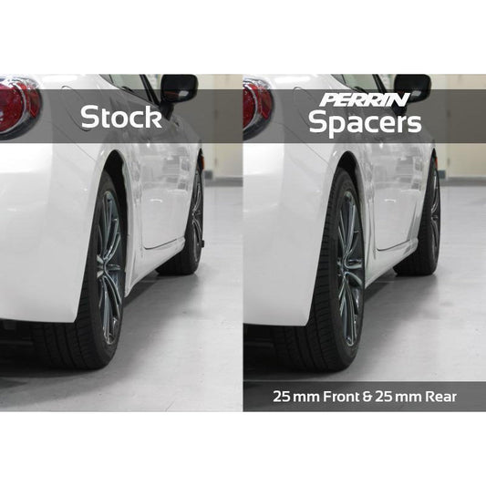 Pair of Perrin 25mm 5x100 wheel spacers for Subaru WRX and BRZ, JDMuscle brand, shown with the spacers on a vehicle wheel.