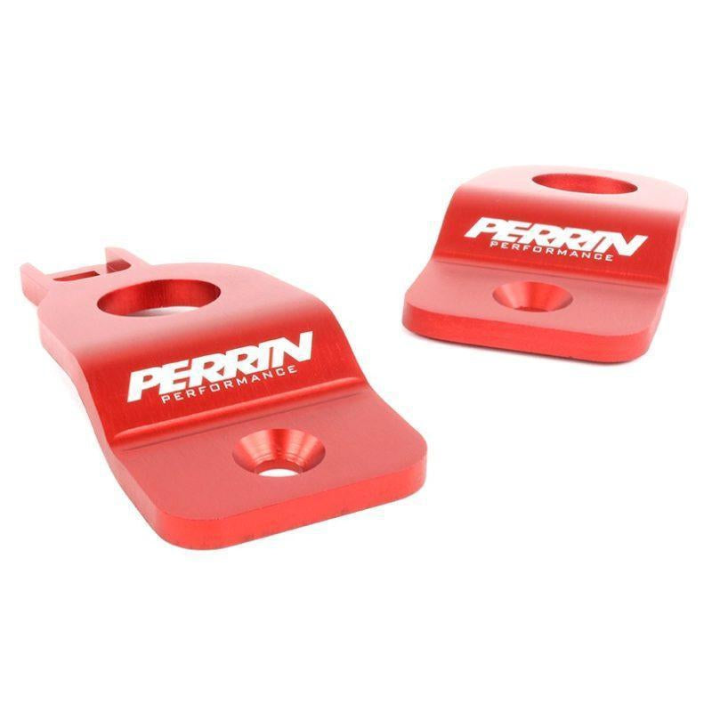 Perrin upper radiator bracket set for 2008-2020 Subaru WRX STI, red radiator accessories for engine cooling enhancement.