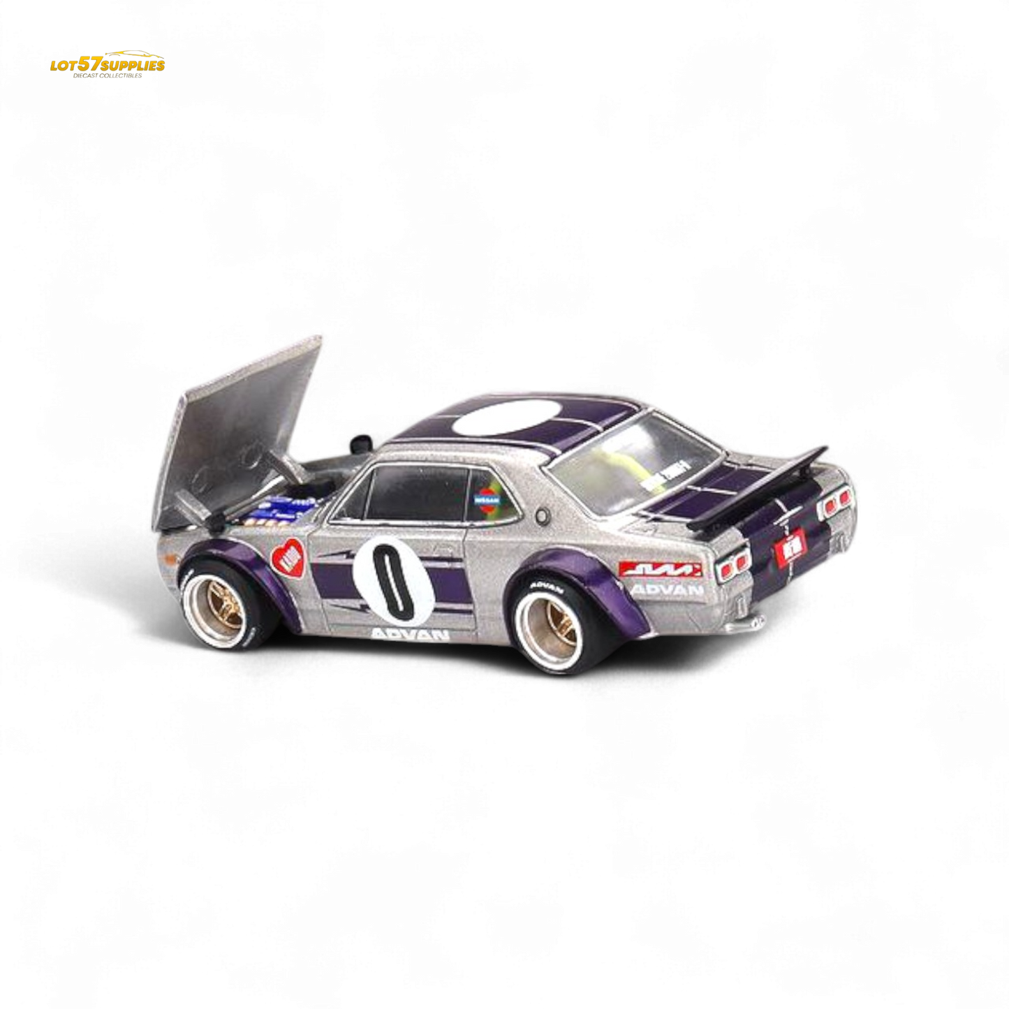 Mini GT x Kaido House Nissan Skyline KPCG10 diecast model in 1:64 scale, featuring detailed design and vibrant color.