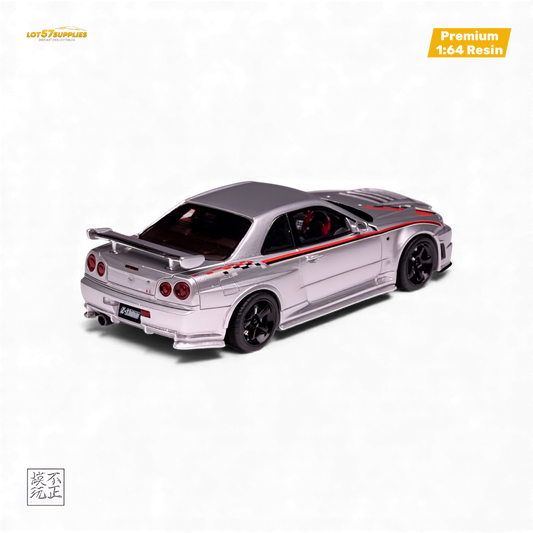 Silver Nissan Skyline GT-R R34 Z-TUNE Nismo Edition diecast car in 1:64 scale, detailed model from Lot57Supplies Diecast Shop.