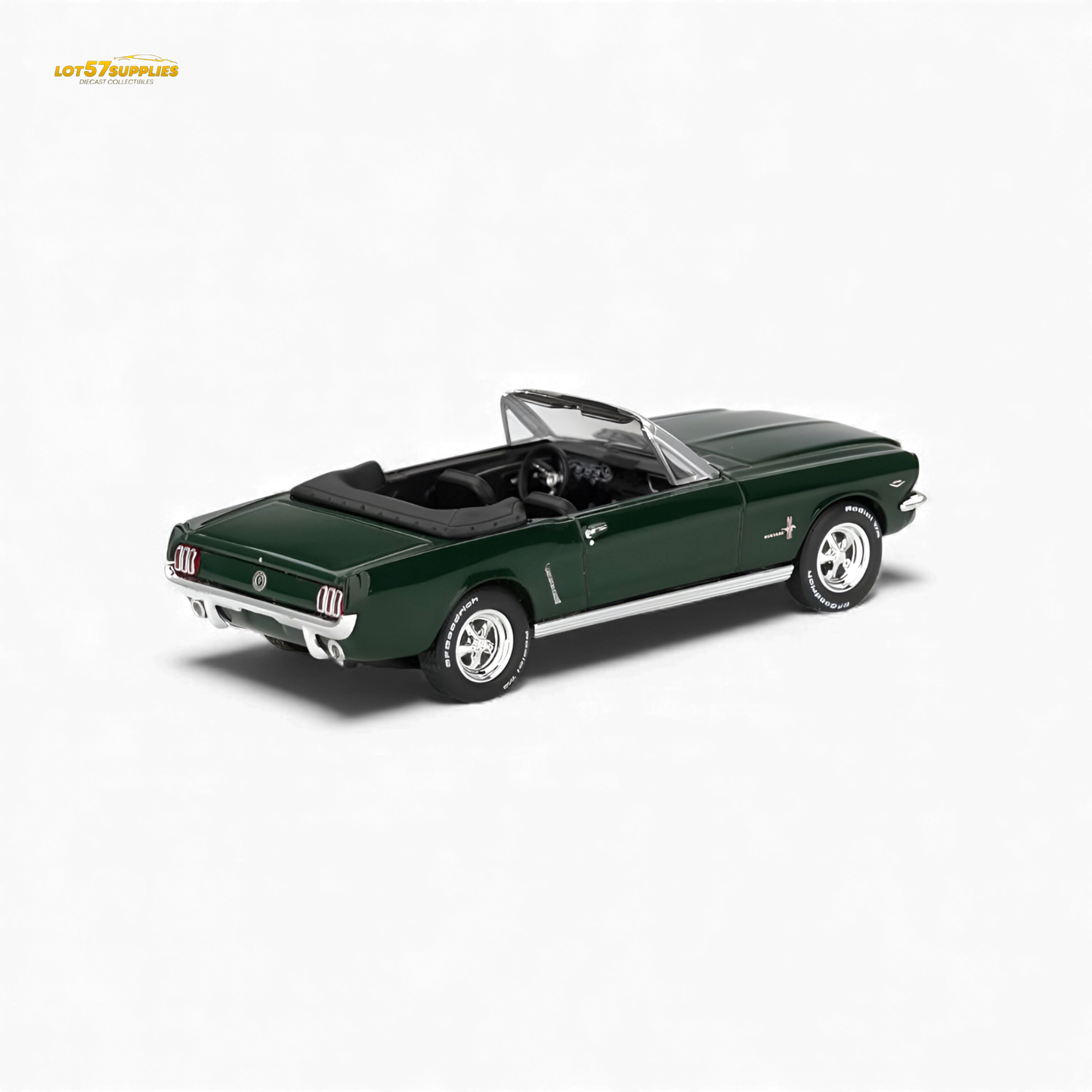 Mini-GT Ford Mustang Convertible diecast model in 1:64 scale, detailed yellow Ford car with open convertible top.
