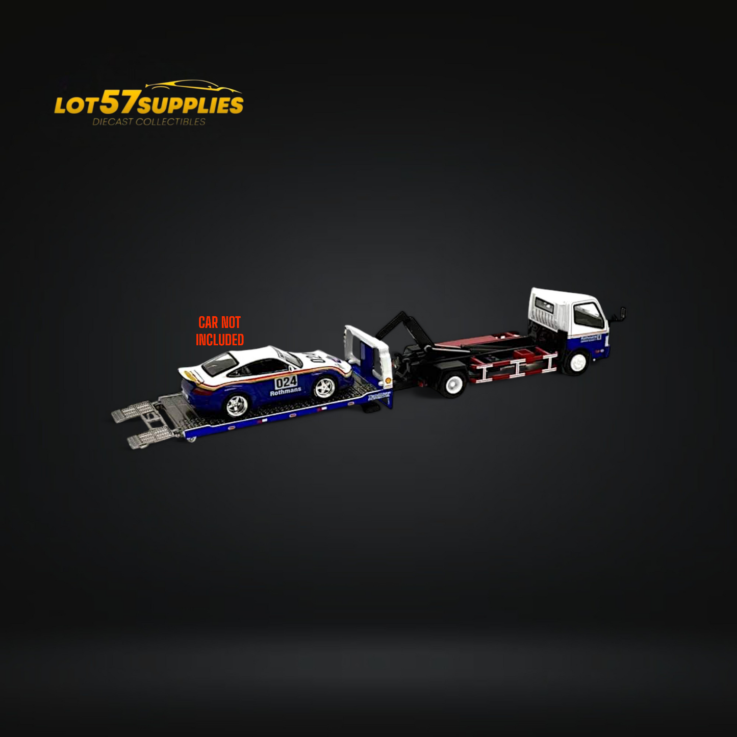 Detailed Hino 300 Dutro trailer diecast model in Rothmans livery, 1:64 scale, showcasing the Lot57Supplies design and vibrant colors.