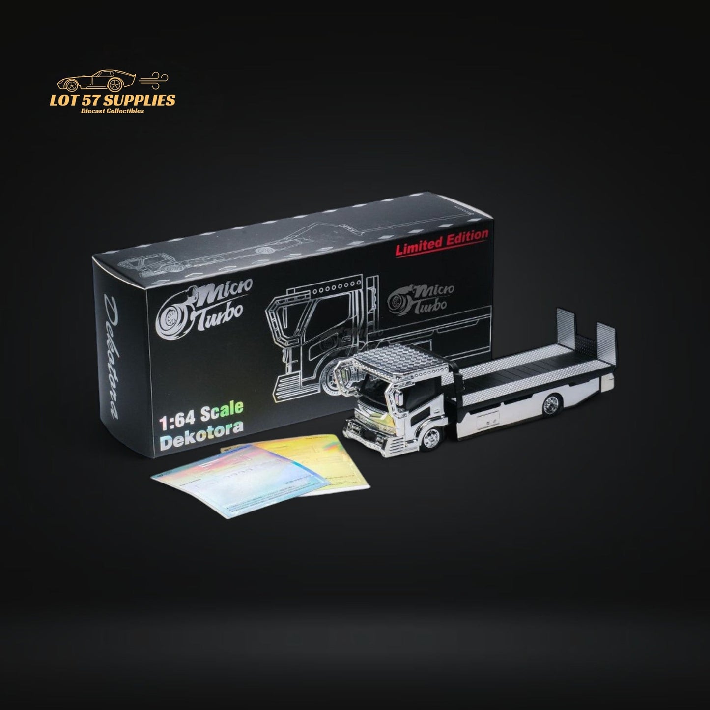 MicroTurbo Dekotora flatbed tow truck diecast model in 1:64 scale, featuring vibrant Dekotora design and detailed craftsmanship.