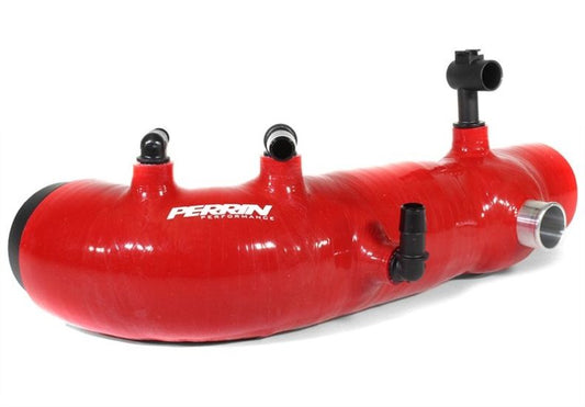 JDMuscle Perrin 2.4-inch turbo inlet hose for Subaru WRX STI and FXT in black, red, and blue, made of durable silicone material.