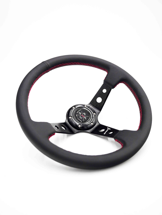 Red-lined leather steering wheel by Speedzone Performance LLC, 340mm deep dish design for racing or performance vehicles.