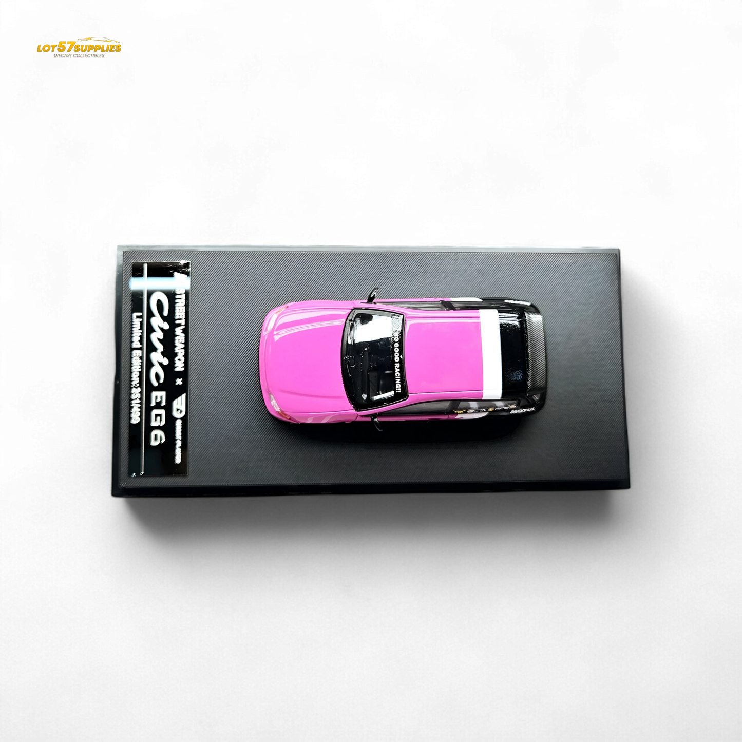 Pink Honda Civic EG6 diecast model by No Good Racing, detailed 1:64 scale vehicle for collectors and car enthusiasts.