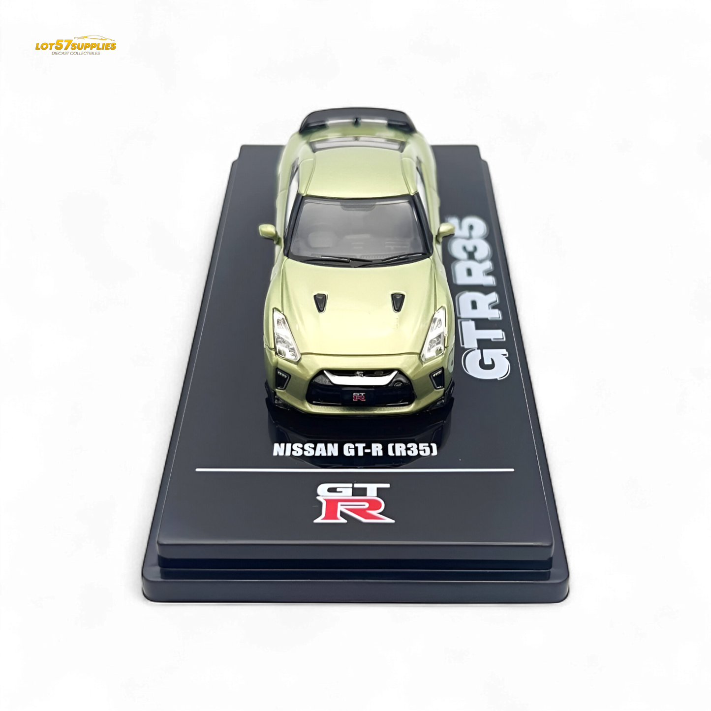 Miniature Nissan Skyline GT-R R35 diecast model in Millenium Jade color by Lot57Supplies Diecast Shop, detailed 1:64 scale collectible.
