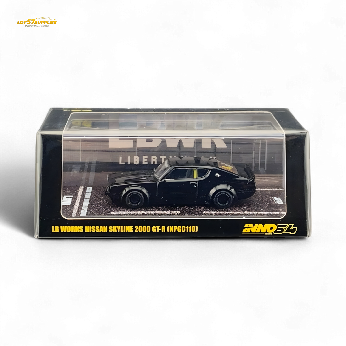 Black 1:64 scale Nissan Skyline GT-R KPGC110 Kenmeri diecast model by Inno64, detailed miniature car on white background