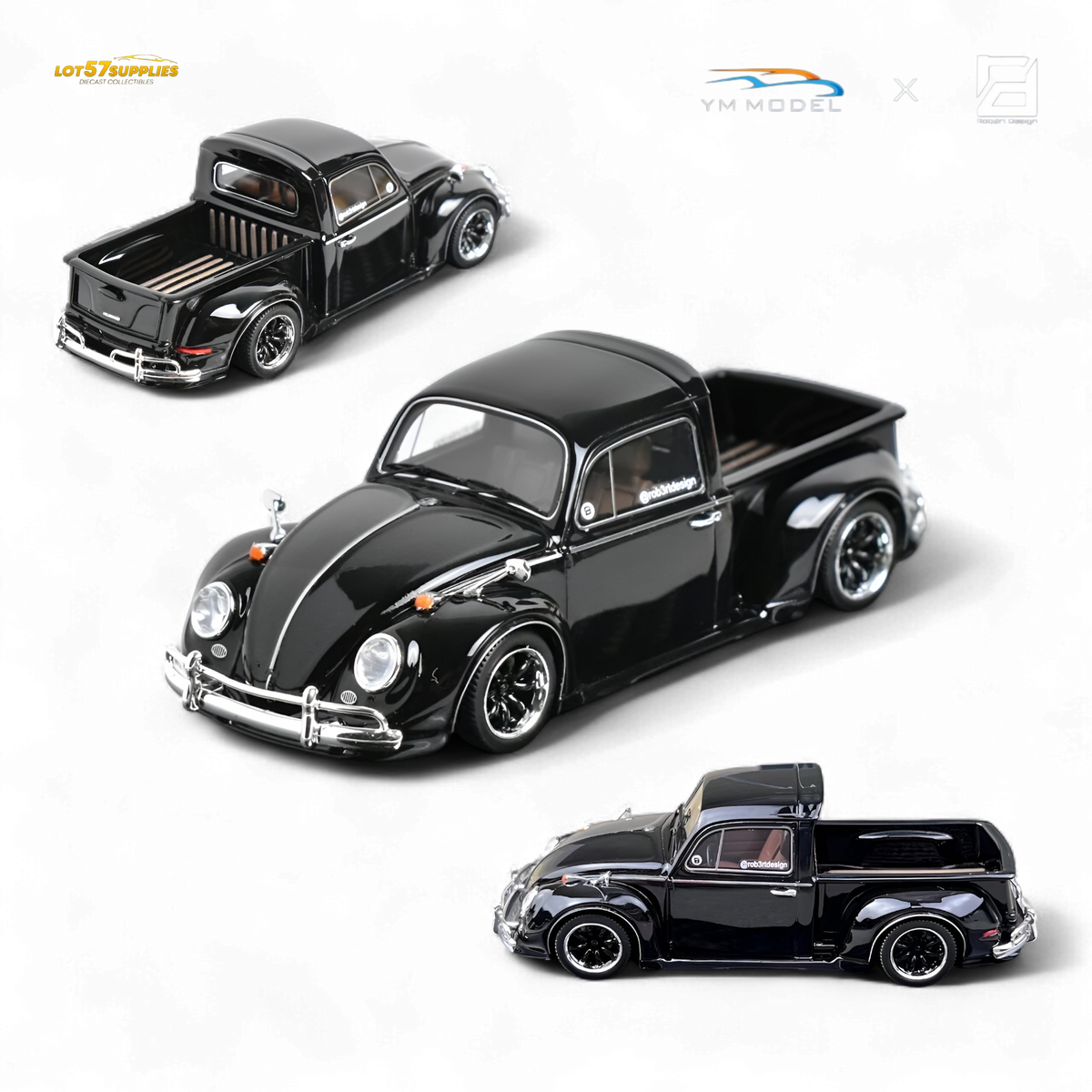 Black YM Model Volkswagen Beetle pickup truck diecast by Lot57Supplies, 1:64 scale, detailed miniature vehicle front view.