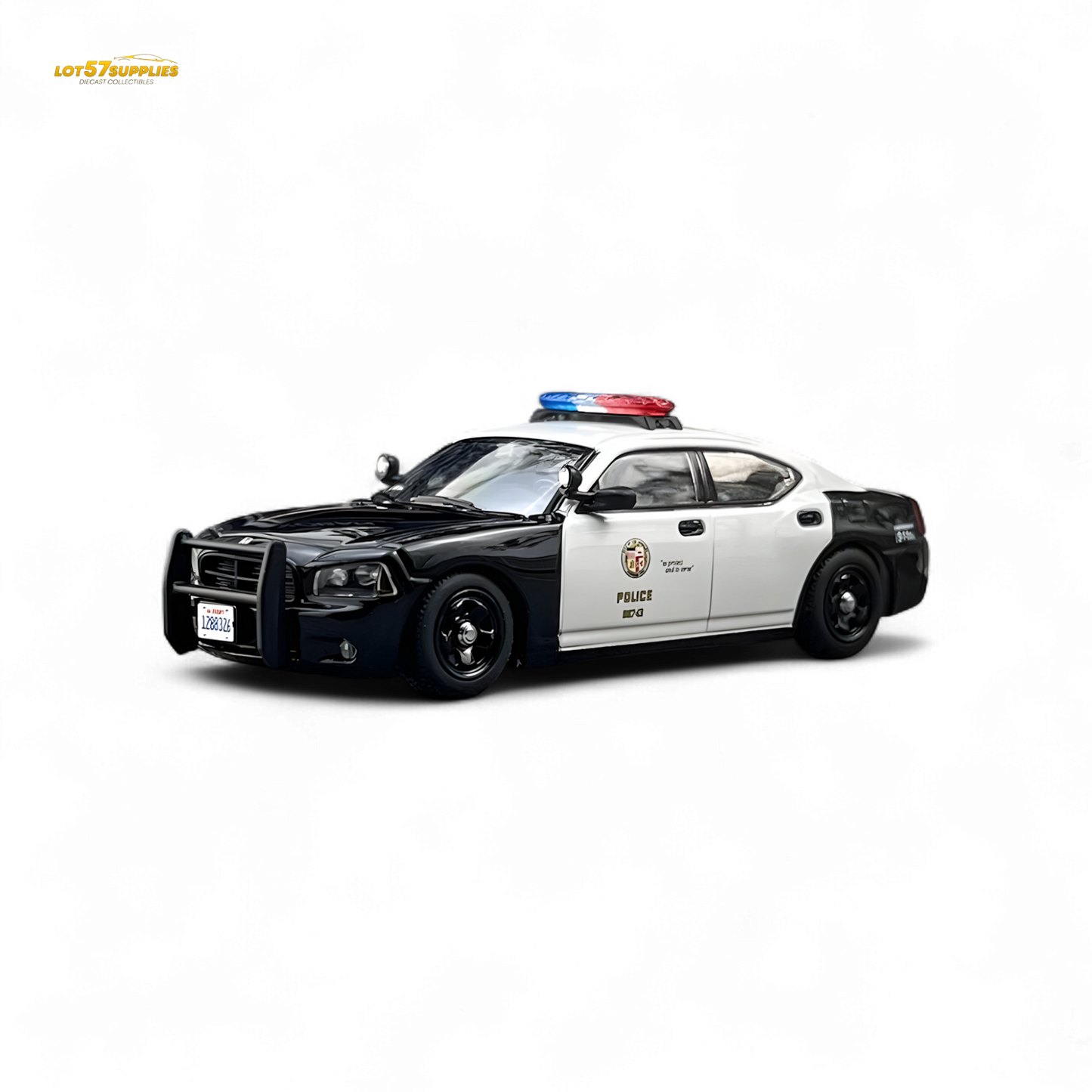 Dodge Rollin Dodge Charger 06 LAPD diecast model car in black with police markings, detailed replica in 1:64 scale.
