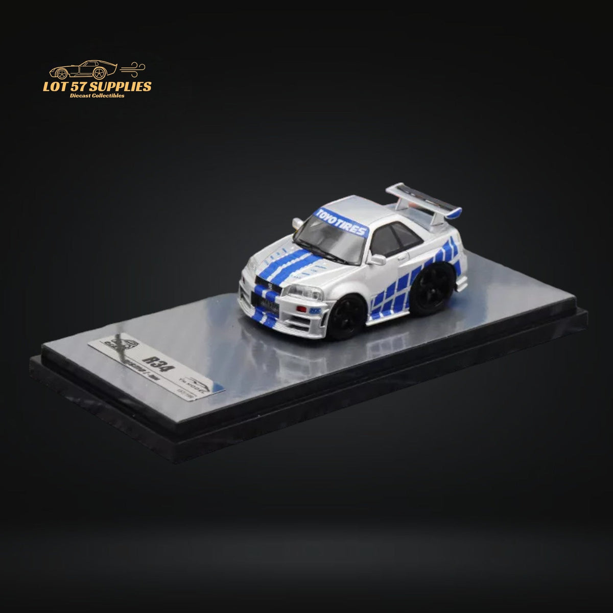 Nissan Skyline R34 diecast model in silver blue with F&F livery, 1:64 scale by Lot57Supplies Diecast Shop