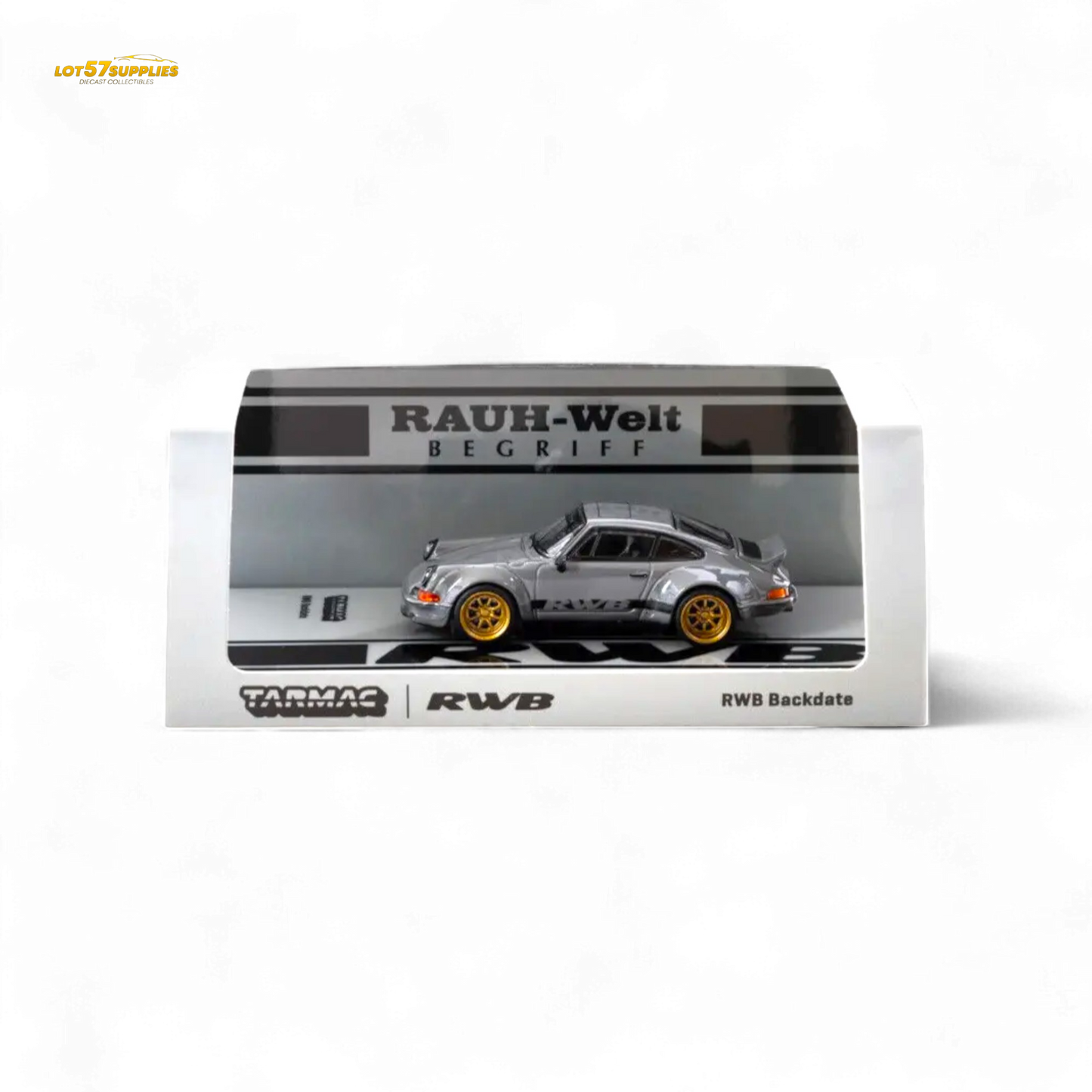 Gray 1:64 Porsche RWB Backdate diecast model by Tarmac Works, detailed view of the miniature sports car.