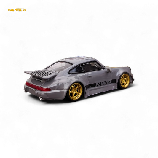 Cement gray Flame Porsche 964 RWB Whale Tail diecast model car, 1:64 scale, with detailed wheels and aerodynamic body shape.