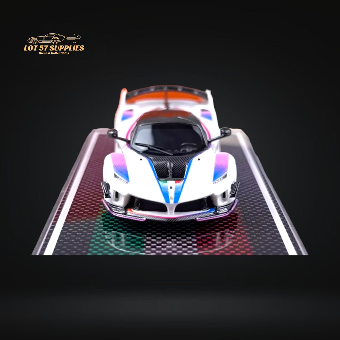 White Ferrari U2 FXX-K Evo 1:64 diecast model with #93 racing details, showcasing intricate design and branding.