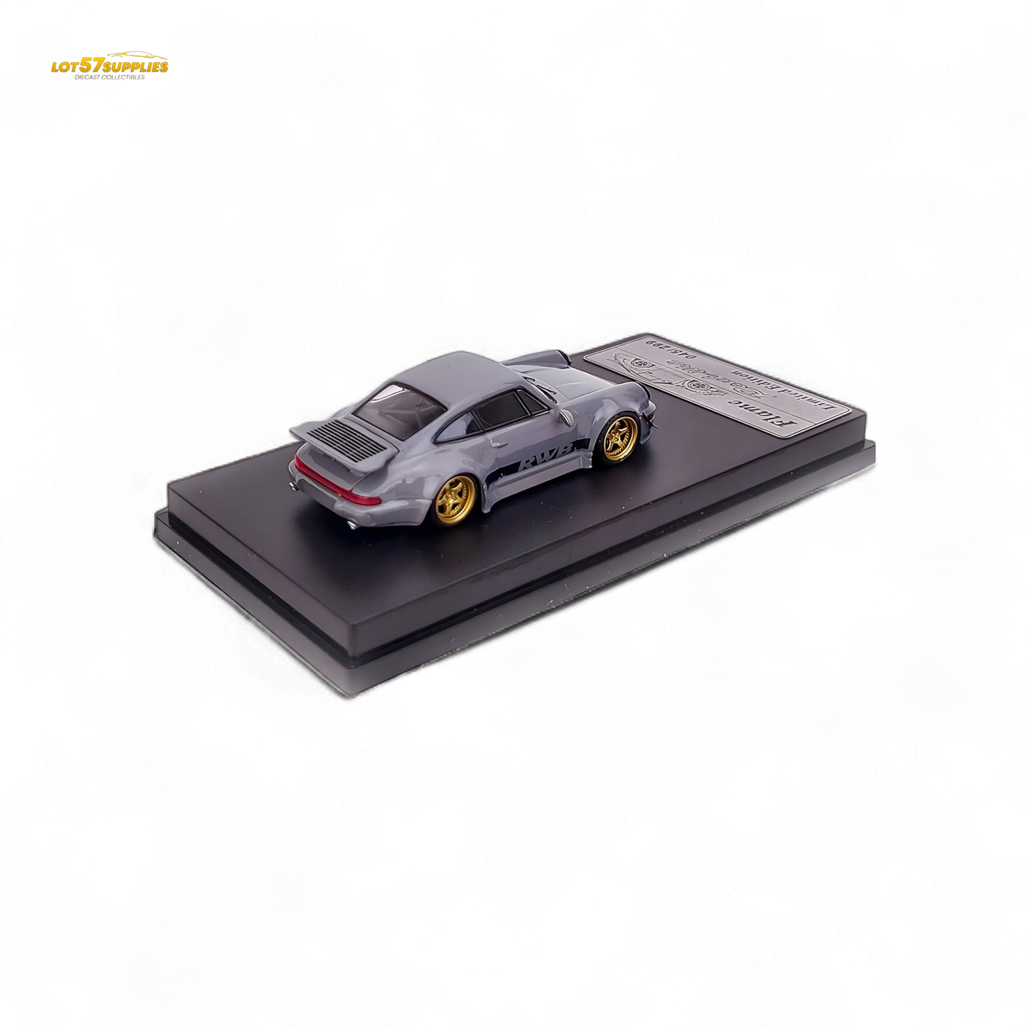 Cement gray Porsche 964 RWB Whale Tale diecast car model, 1:64 scale, featuring detailed design and realistic features.