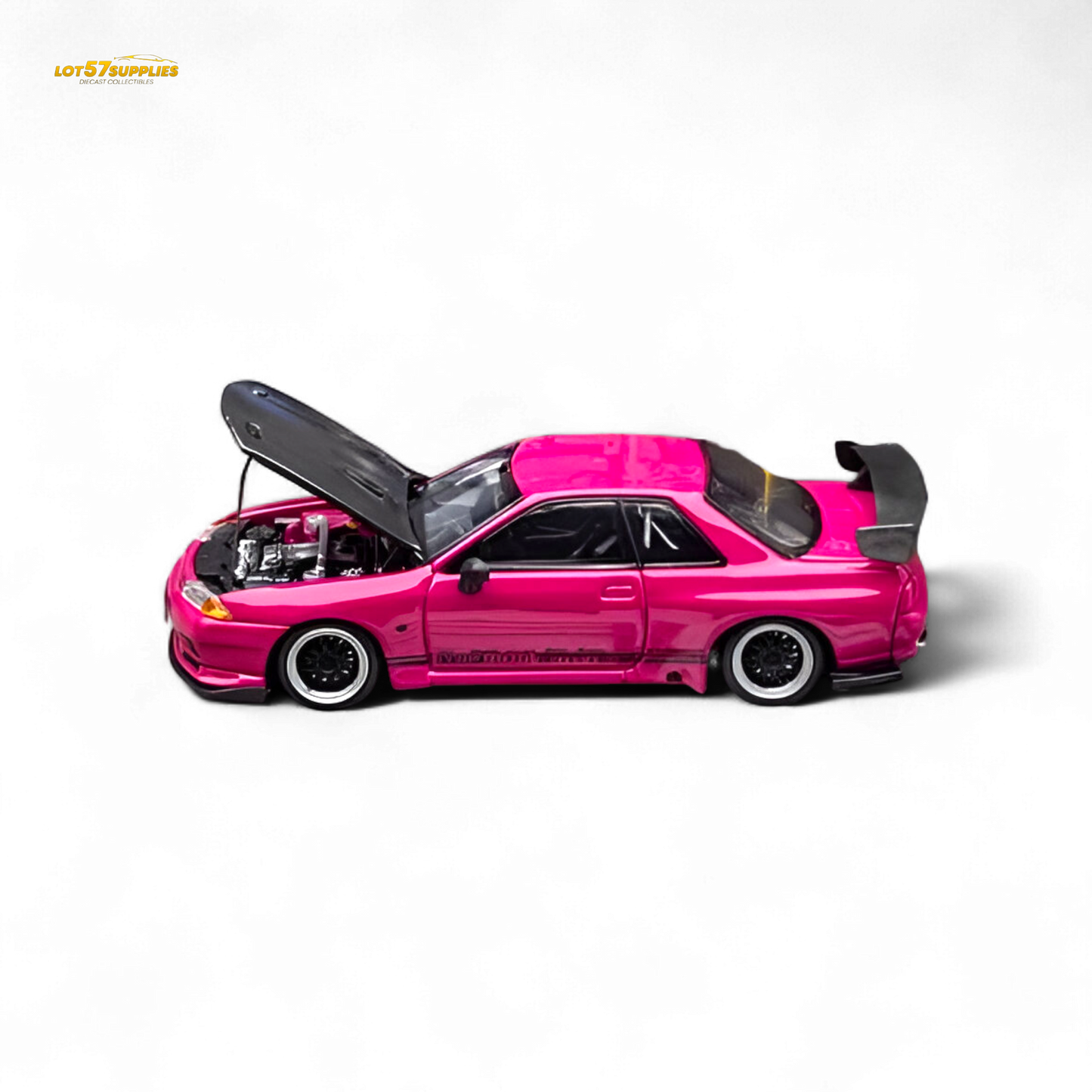 Pink Focal Horizon Nissan Skyline GT-R R32 diecast model by Lot57Supplies, detailed 1:64 scale car with Top Secret livery.