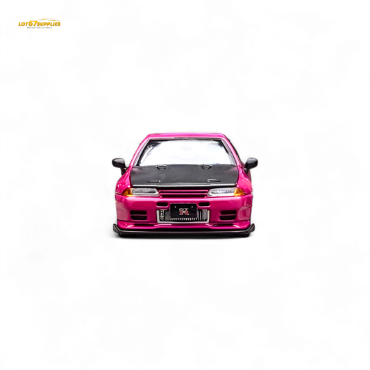 Pink Focal Horizon Nissan Skyline GT-R R32 diecast car, 1:64 scale, featuring Top Secret branding, detailed model from Lot57Supplies.
